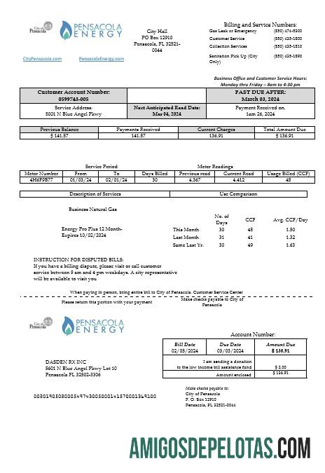 imprimível Modelo de conta de serviços públicos de energia dos EUA, Flórida Pensacola, em formatos Word e PDF